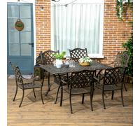 Outsunny 7-PC Cast Aluminum Patio Dining Set w/ Umbrella Hole & Cushion, Bronze