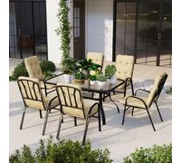Outsunny 7 Pieces Garden Dining Set, Outdoor Rectangular Dining Table and 6 Cushioned Armchairs, Tempered Glass Top Table w/Umbrella Hole, Texteline Seats, Beige