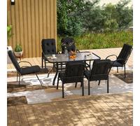 Outsunny 7 Pieces Garden Dining Set, Outdoor Rectangular Dining Table and 6 Cushioned Armchairs, Tempered Glass Top Table w/Umbrella Hole, Texteline Seats, Black