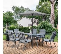 Outsunny 7 Pcs Garden Dining Set W/ Umbrella Hole & Cushion, Grey