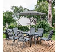 Outsunny 7Pieces Garden Dining Set, Outdoor Dining Table and 6 Cushioned Armchairs, Tempered Glass Top Table w/ Umbrella Hole, Texteline Seats, Black