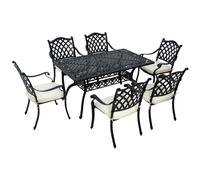 Outsunny 7 PCs Garden Patio Dining Set with Parasol Hole, Cast Aluminium Outdoor Furniture Set with Six Cushioned Chairs and Rectangle Dining Table, for Garden, Lawn, Deck, Black Black