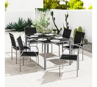 Outsunny 7-Piece Black Steel Garden Dining Set with Glass-Top Table and Mesh Chairs - 150x90 cm, Model 84G-039V00BK