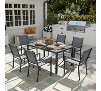 Outsunny 7 Piece Garden Dining Set, Outdoor Furniture Set with 6 Stackable Chairs and 150 cm Rectangle Table, WPC Slatted Top, Rust-Resistant Steel Frame, for Garden, Porch, Terrace Grey