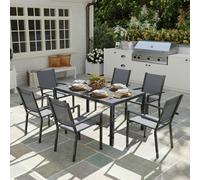Outsunny 7 Piece Garden Dining Set, Outdoor Furniture Set with 6 Stackable Chairs and 150 cm Rectangle Table, WPC Slatted Top, Rust-Resistant Steel Frame, for Garden, Porch, Terrace Grey