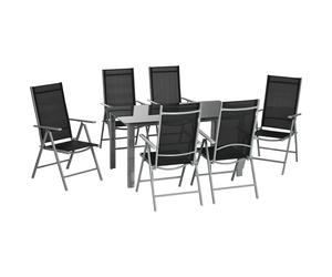 Outsunny 7 Piece Garden Dining Set, Outdoor Table & 6 Reclining Chairs with Breathable Mesh Seats, Tempered Glass Top Patio Furniture Set Aosom UK