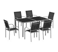 Outsunny 7 Piece Garden Dining Set, Steel Outdoor Table and Chairs, Black - Black - Steel, Breathable Mesh - 150L x 90W x 72H cm