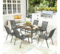 Outsunny 7 Piece Garden Dining Set w/ Dining Table and Chairs, Grey - Charcoal grey - Metal,Tempered Glass, Mesh - 150cm x 90cm x 71cm