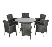 Outsunny 7-Piece PE Rattan Garden Furniture Set, Wicker Outdoor Dining Set with Cushions, Umbrella Hole & Round Glass Top Table, 6 Seater Garden Table and Chairs for Patio, Balcony, Mixed Grey Light G