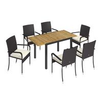 Outsunny 7 Piece Rattan Garden Furniture Set, 6 Seater Garden Table and 6 Stackable Chairs with Extendable Acacia Wood Tabletop