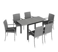 Outsunny 7 Piece Rattan Garden Furniture Set, 6 Seater Garden Table and 6 Stackable Chairs with Extendable Acacia Wood Tabletop