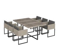 Outsunny 7 Piece Rattan Garden Furniture Set, Garden Dining Set with Wood-Plastic Table and 6 Stackable Chairs, Light Grey