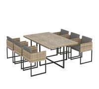 Outsunny 7 Piece Rattan Garden Furniture Set, Garden Dining Set with Wood-Plastic Table and 6 Stackable Chairs, Light Brown