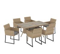 Outsunny 7 Piece Rattan Garden Furniture Set, Garden Dining Set with Wood-Plastic Table and 6 Stackable Chairs, Dark Grey