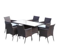 Outsunny 7-Piece Rattan Garden Furniture Set with Cushions, 6 Seater Garden Table and Chairs, Rattan Dining Set with 6 Armchairs, Rectangular Glass Top Table, Brown Grey