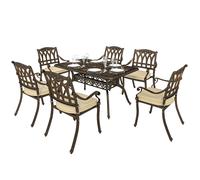 Outsunny 7 Pieces Cast Aluminium Garden Dining Set, 6 Seater Garden Table and Chairs with Parasol Hole, Outdoor Garden Furniture Set with Cushions for Patio, Bronze Tone Bronze