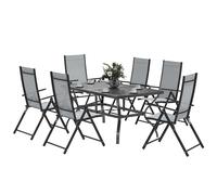 Outsunny 7 Pieces Garden Dining Set, 6 Seater Garden Furniture Set with Parasol Hole, Outdoor Dining Set with High Back Folding Chairs and Square Metal Top Table for Outdoor Patio, Grey Khaki