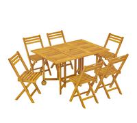 Outsunny 7 Pieces Garden Dining Set, Extending Dining Table and 6 Folding Chairs with Umbrella Hole for Patio, Natural Wood