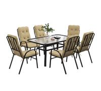 Outsunny 7 Piece Garden Dining Set Glass Table with Umbrella Hole & Cushion Beig