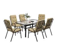 Outsunny 7 PCs Garden Dining Set w/ Umbrella Hole & Cushion, Beige - Beige - Steel, Texteline, Polyester - 152.5 x 96.5 x 71 cm