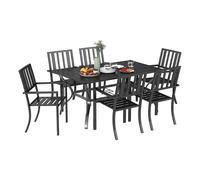 Outsunny 7 Pieces Garden Dining Set with Stackable Chairs, 6 Seater Metal Garden Furniture Set, Outdoor Metal Top Patio Table with Umbrella Hole, Black Black