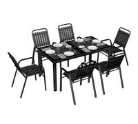 Outsunny 7 Pieces Outdoor Dining Set with Umbrella Hole, Garden Table and Chairs Set for 6 with Metal Table and Stackable Chairs