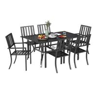 Outsunny 7 Pieces Patio Dining Set, 6 Seater Outdoor Table and Stackable Chairs with Umbrella Hole, Galvanised Steel Frame, Space Saving, for Poolside, Garden, Black Black