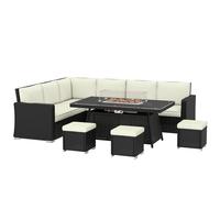 Outsunny 7 Pieces PE Rattan Garden Furniture Set, 50,000 BTU Gas Fire Pit Table, Double Corner Sofa and 3 Footstools