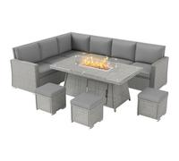 Outsunny 7 Pieces PE Rattan Garden Furniture Set, 50,000 BTU Gas Fire Pit Table, Double Corner Sofa and 3 Footstools, 6 Seater Furniture Sofa Sets with Cushions for Conservatory, Grey Light Grey