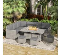 OUTSUNNY 7 Pieces Rattan Garden Furniture Set w/ 50, 000 BTU Fire Pit Table in Grey Outsunny Grey