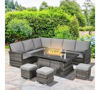 Outsunny 7 Pieces Rattan Garden Furniture Set W/ 50,000 Btu Fire Pit Table In Mid Grey Mid Grey