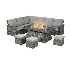 Outsunny 7 Pieces Rattan Garden Furniture Set w/ 50,000 BTU Gas Fire Pit Table