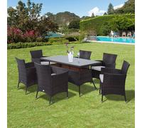 Outsunny 7-Piece Rattan Garden Furniture Set with Cushions, 6 Seater Garden Table and Chairs, Rattan Dining Set with 6 Armchairs, Rectangular Glass Top Table, Brown Brown