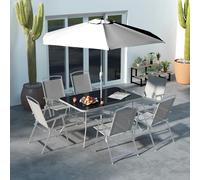 Outsunny 8 Pcs Garden Table and Chairs with Parasol Tempered Glass Top Black - Grey - Metal, Mesh Fabric - 140cm x 90cm x 70cm