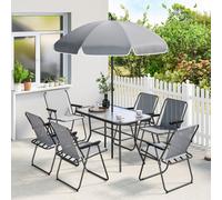 Outsunny 8 Piece Garden Dining Set with 6 Folding Chairs and Umbrella - Patio Dining Set - Grey