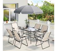 Outsunny 8 Piece Garden Dining Set with 6 Folding Chairs and Umbrella - Patio Dining Set - Cream & Black