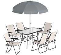 Outsunny 8 Piece Garden Dining Set with Umbrella Garden Furniture Set with 6 Folding Chairs, Tempered Glass Table for Patio Cream