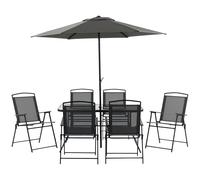 Outsunny 8 Pieces Garden Table and Chairs with Parasol Tempered Glass Top Black
