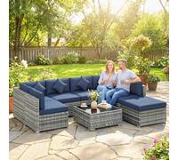 Outsunny 8 Pieces Patio Rattan Sofa Set, Garden Furniture Set Dark Blue - Rattan Sofa Set - 8 - PE Rattan, Steel, Tempered Glass