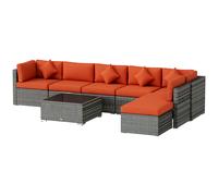 Outsunny 8 Pieces PE Rattan Corner Sofa Set with Thick Cushions, Aluminium Outdoor Rattan Garden Furniture Set with Glass Top Table, No Assembly Required, Mixed Brown Orange