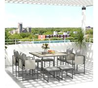 Outsunny 8-Seater Cube Garden Dining Set with Cushions, Steel Frame, PSPC Wood-Effect Table, 84G-548V70GY