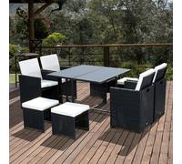 Outsunny 8 Seater Cube Rattan Dining Set with Cushions Glass Top Table Black - Black - White