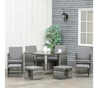 Outsunny 8 Seater Cube Rattan Dining Set with Cushions Glass Top Table Black - Grey - Grey