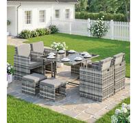 Outsunny 8 Seater Cube Rattan Dining Set with Cushions Glass Top Table Black - Grey - Grey