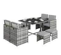 Outsunny 8 Seater Cube Rattan Dining Set with Cushions Glass Top Table Black - Grey - Grey