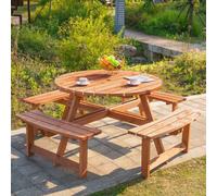 Outsunny 8 Seater Wooden Picnic Table and Garden Benches Set, Round Garden Dining Set with 4 Benches and Umbrella Hole Outdoor Garden Park, Brownish Red Brown