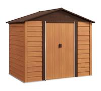 Outsunny 8 x 6ft Metal Garden Shed, House Hut Gardening Tool Storage with Ventilations, Sliding Door, Sloped Roof for Garden, Patio, Brown Wood Effect Brown