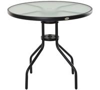 Outsunny 80 cm Round Garden Dining Table with Parasol Hole for 4, Outdoor Coffee Bistro End Side Table with Tempered Glass Top and Steel Frame for Patio, Porch, Black Black