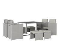 Outsunny 9 Piece Rattan Cube Garden Furniture Dining Set with Armchairs, Footstools and Glass-Top Table, Light Grey