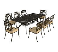 Outsunny 9 Pieces Cast Aluminium Garden Dining Set with Parasol Hole, Bronze, Brown